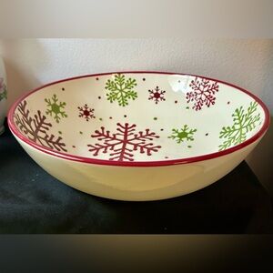 Earthenware, red & green snowflake, serving bowl. 12”